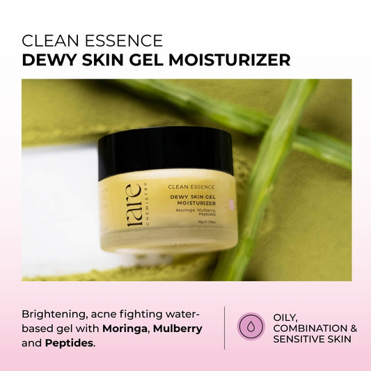 Jar of Clean Essence Dewy Skin Gel Moisturizer with green leaves in the background