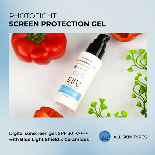 Digital sunscreen gel with blue light shield and ceramides on a light blue background