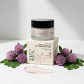 Rae Cosmetics face mask jar and box with purple flowers on a white background