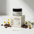 Jar of cream and its packaging with coffee beans and daisies on a light background