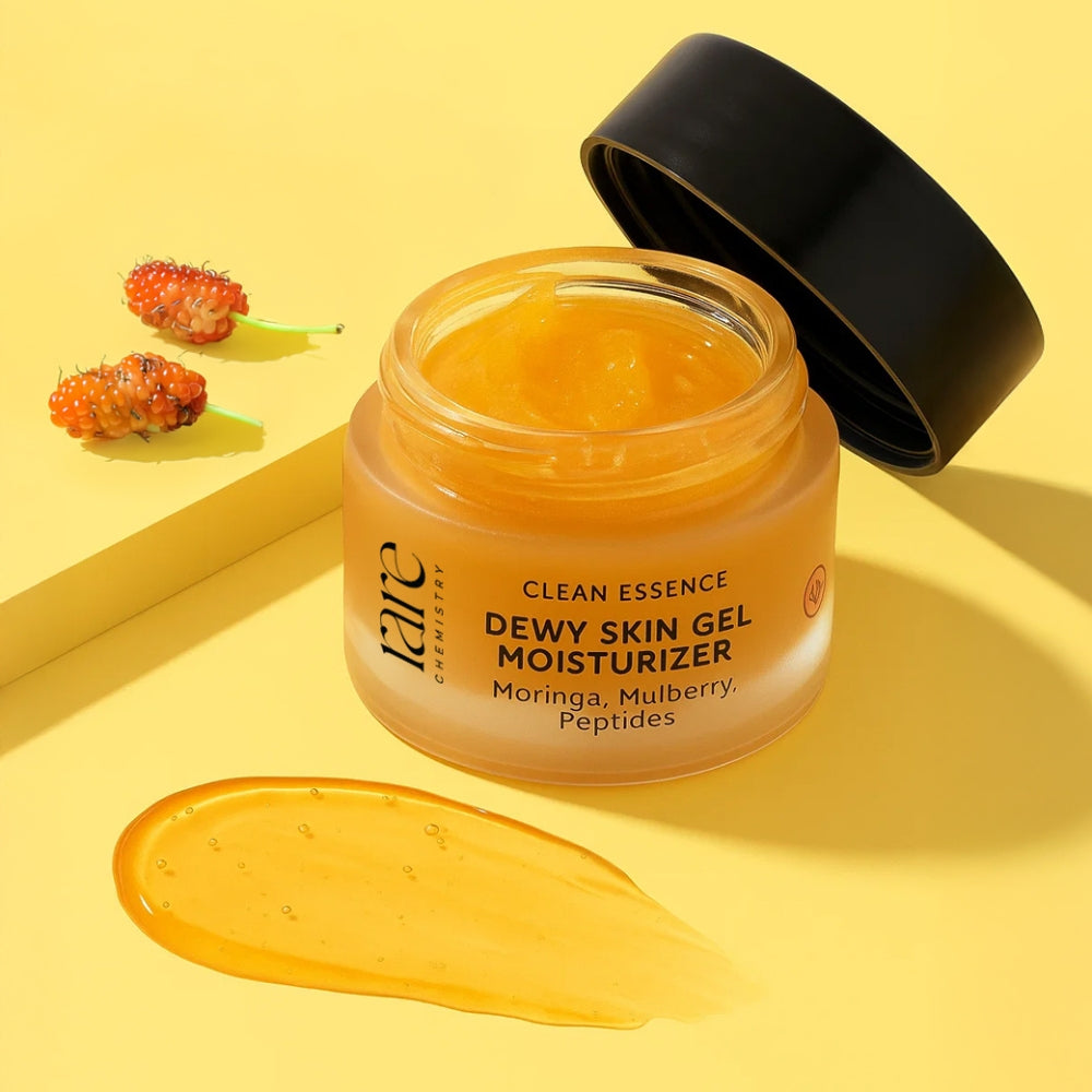 Jar of 'Tara' Dewy Skin Gel Moisturizer on a yellow background
