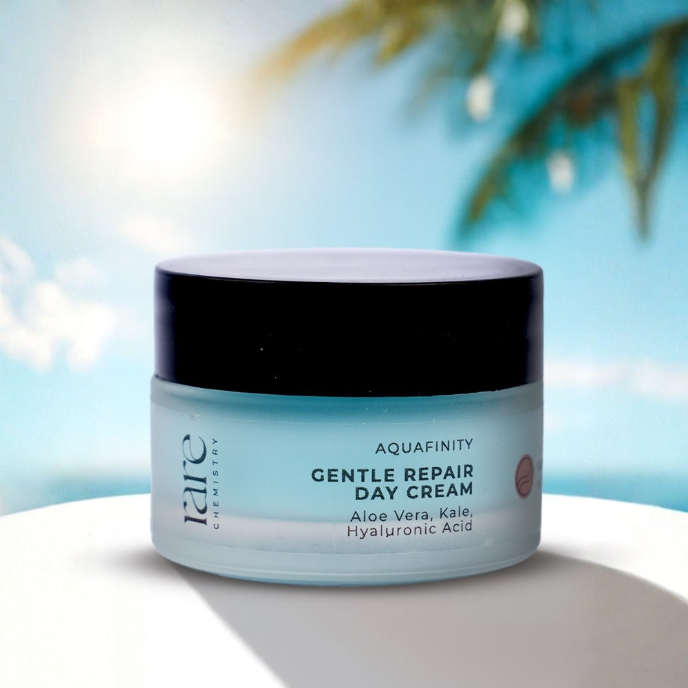 Jar of 'Gentle Repair Day Cream' with a blurred natural background