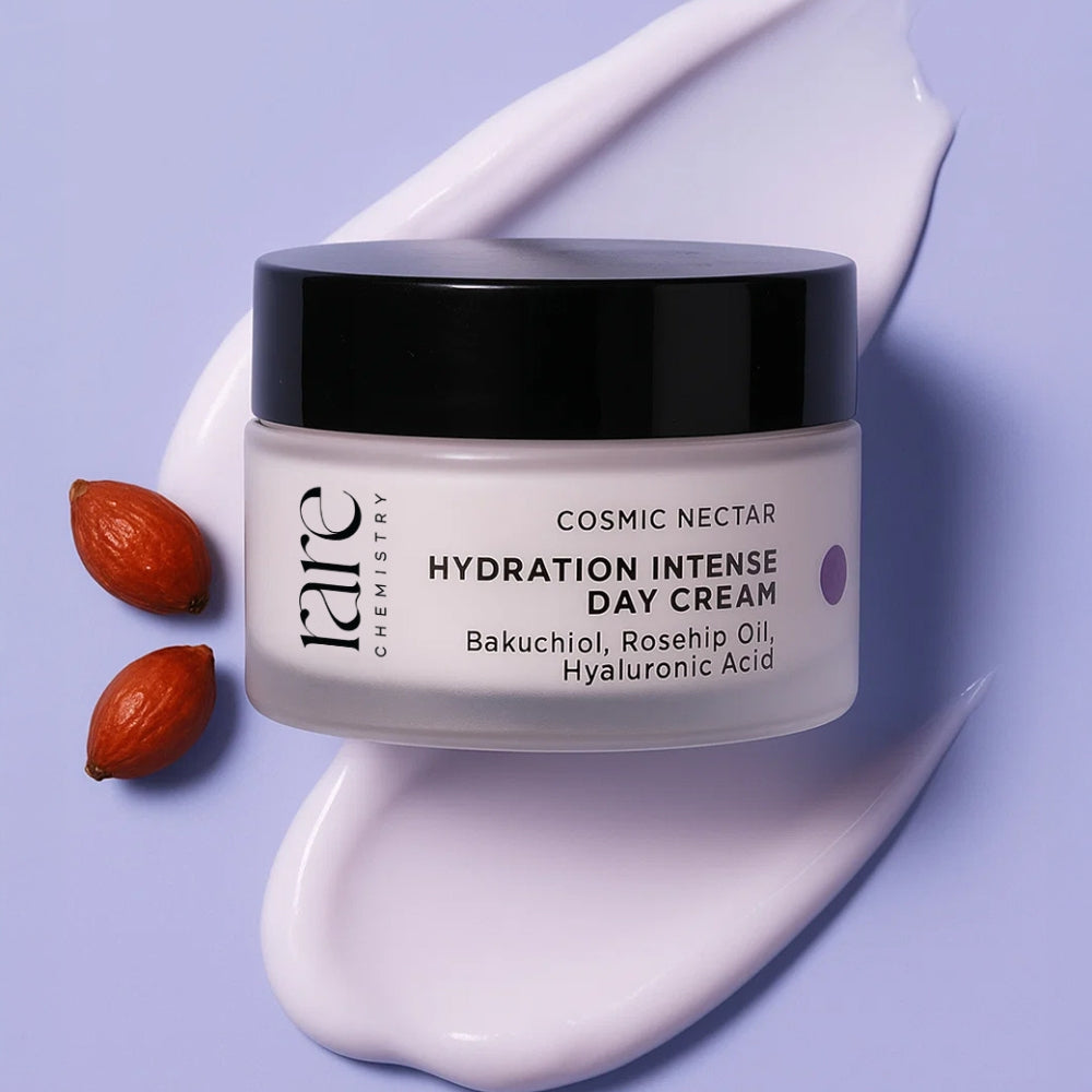 Cosmetic jar of 'rare chemistry' Hydration Intense Day Cream with ingredients on a light purple background