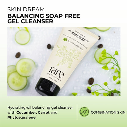 Balancing soap-free gel cleanser with cucumber, carrot, and phytosqualene on a white background.