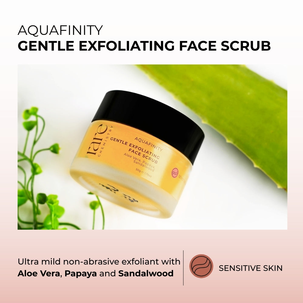 Aquafinity Gentle Exfoliating Face Scrub jar with aloe vera leaves on a light background