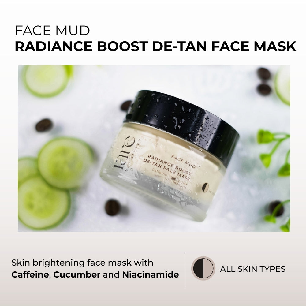 Radiance Boost De-Tan Face Mask jar with cucumber slices and coffee beans on a white background