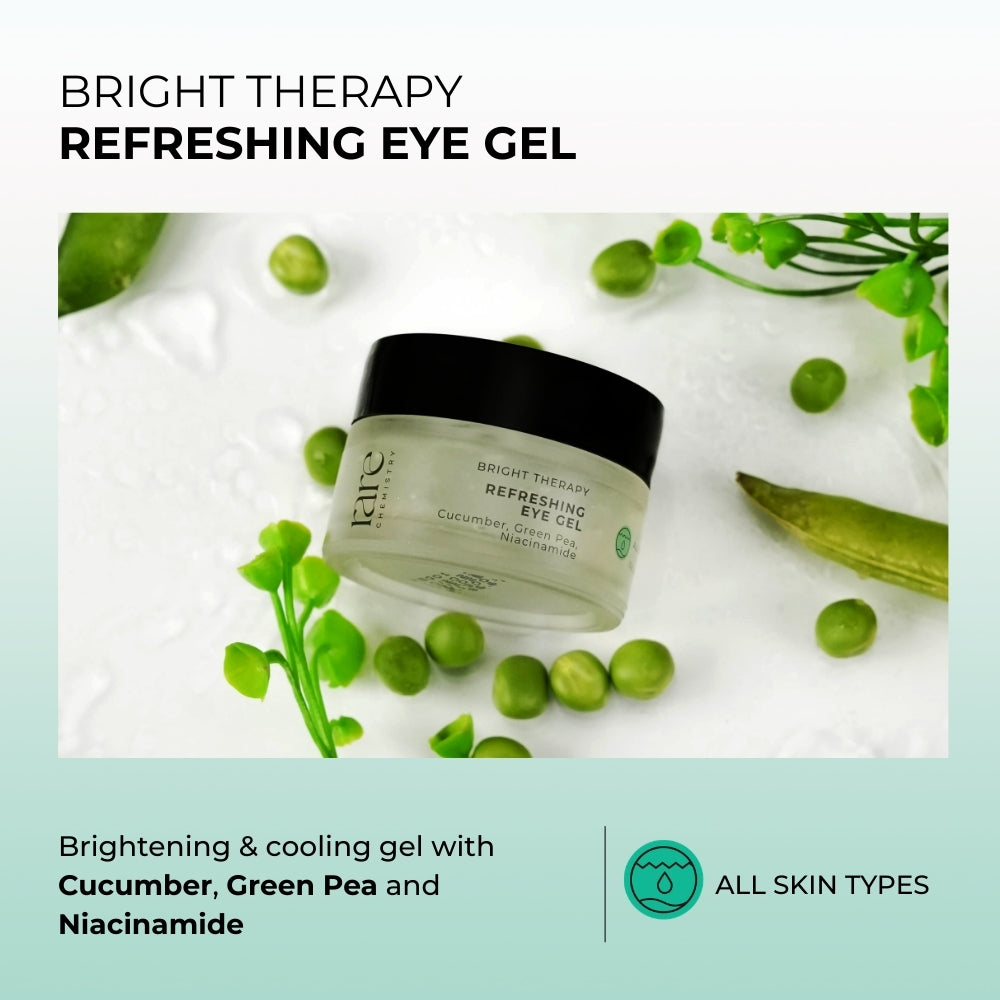 Eye gel jar with green peas and cucumber slices on a light background