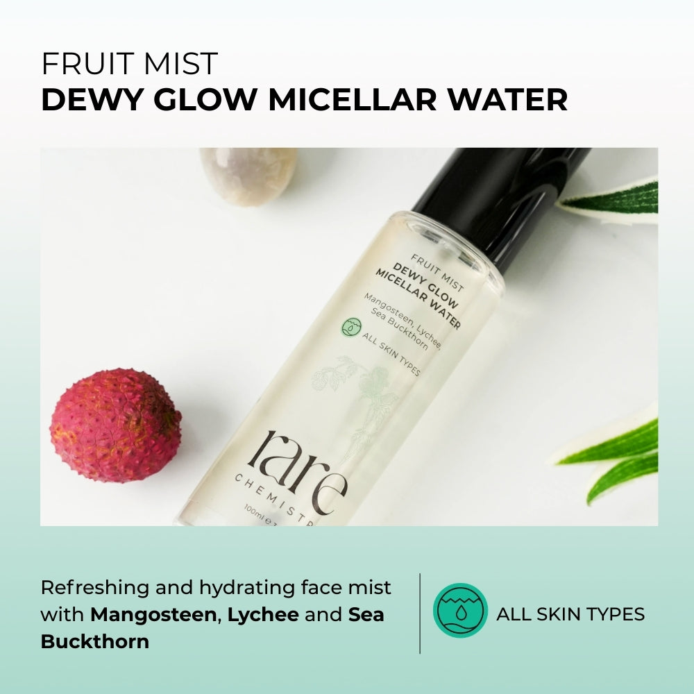 Fruit Mist Dewy Glow Micellar Water bottle with ingredients on a light green background