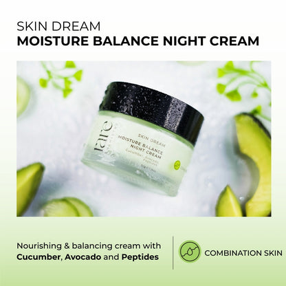 Jar of Skin Dream Moisture Balance Night Cream with cucumber and avocado on a light background