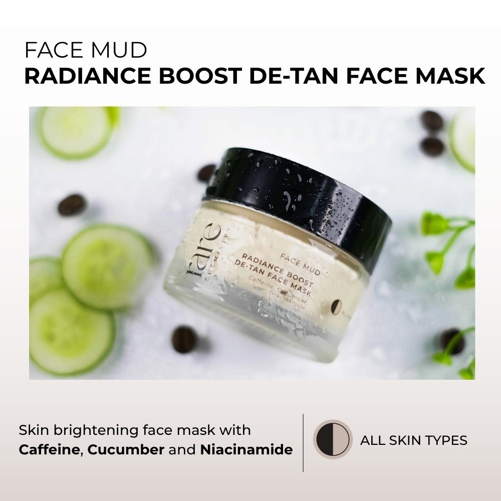 Radiance Boost De-Tan Face Mask jar with cucumber slices and black peppercorns on a light background