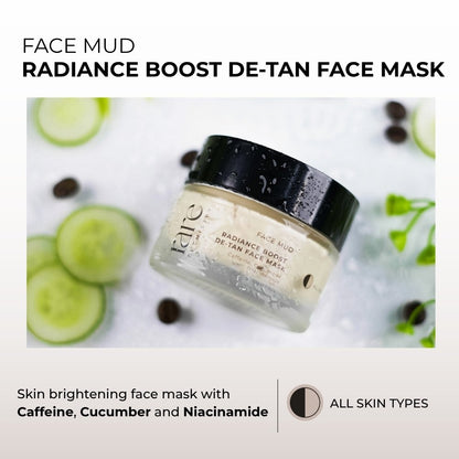 Radiance Boost De-Tan Face Mask jar with cucumber slices and black peppercorns on a light background