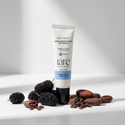 Tube of 'rare chemistry' lip balm with mulberries and cocoa beans on a white background
