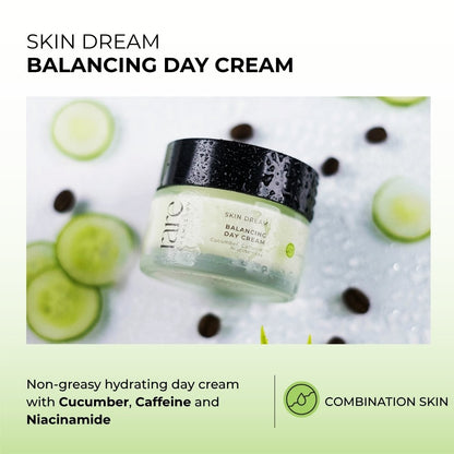 Jar of Skin Dream balancing day cream with cucumber slices and coffee beans on a light background