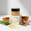 Jar and box of 'Rare Chemistry' face scrub with papaya and aloe vera on a white background