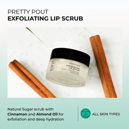 Exfoliating lip scrub jar with cinnamon sticks on a light green background