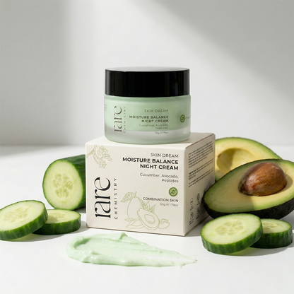 Moisture balance night cream with packaging, avocado, and cucumber on a light background