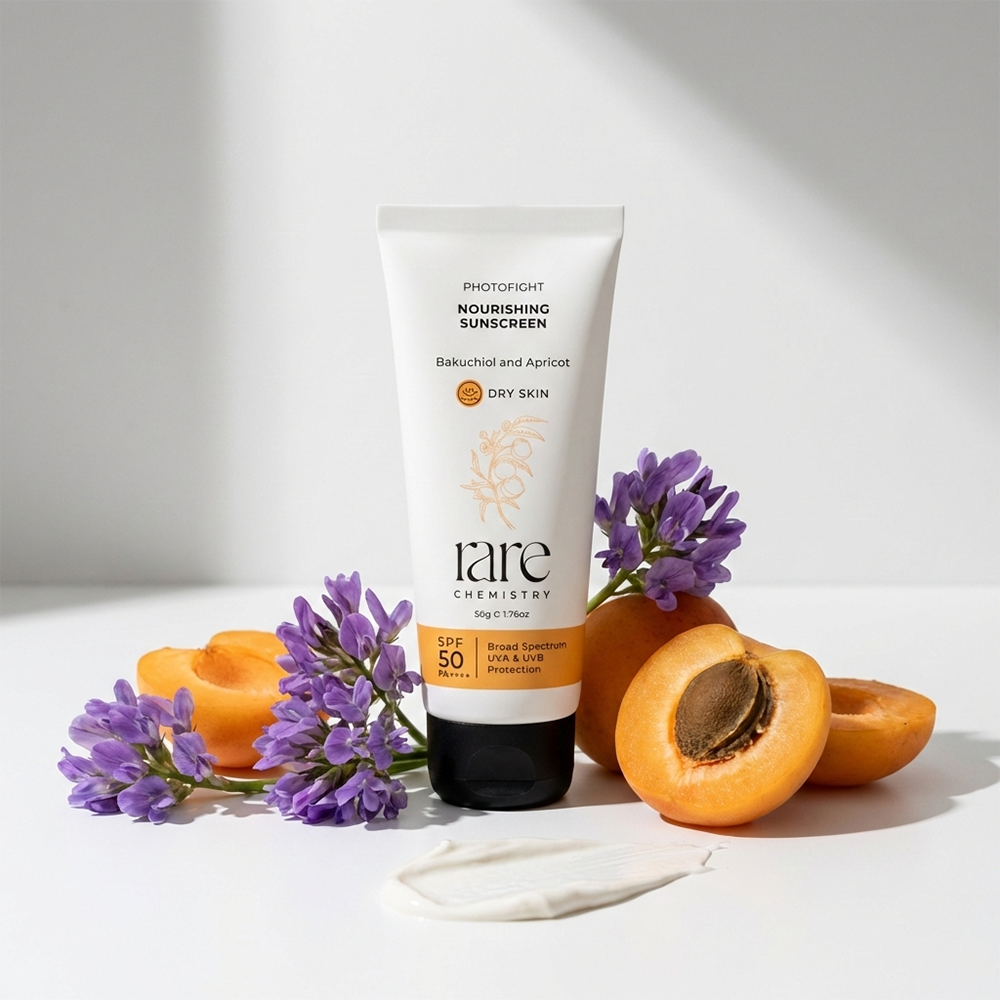 Nourishing Sunscreen tube with apricots and lavender on a white background