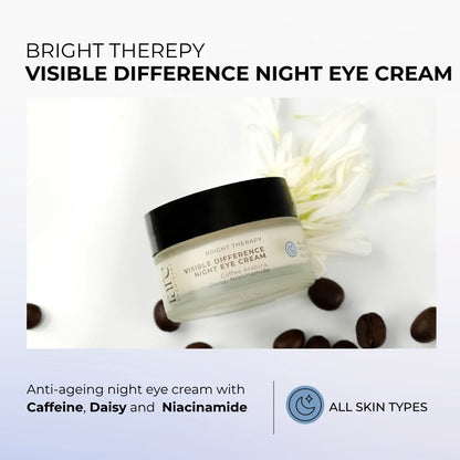 visible difference night Eye cream jar with text about ingredients and skin types on a light background