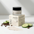 räre chemistry face mask jar and packaging with cucumbers, coffee beans, and a mask sheet on a white background
