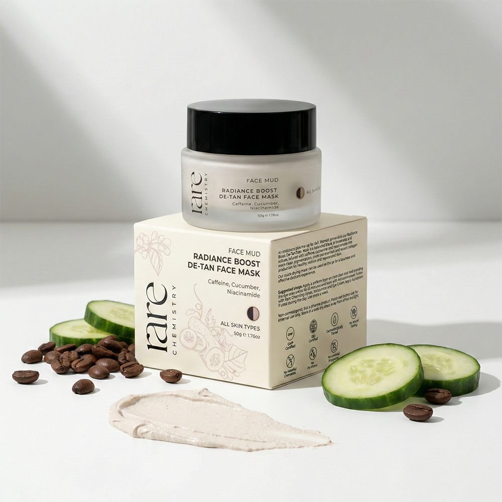 räre chemistry face mask jar and packaging with cucumbers, coffee beans, and a mask sheet on a white background