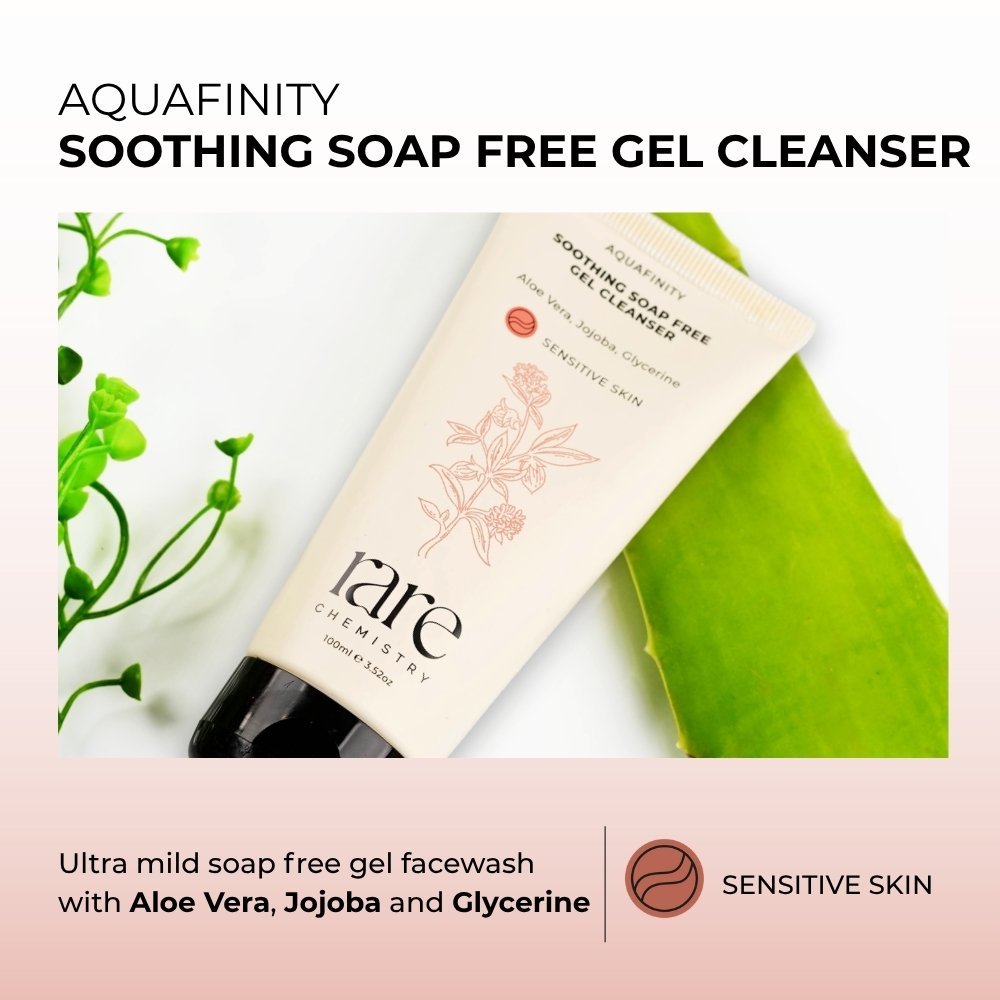 Aquafinity soothing soap-free gel cleanser bottle with green leaves on a light background