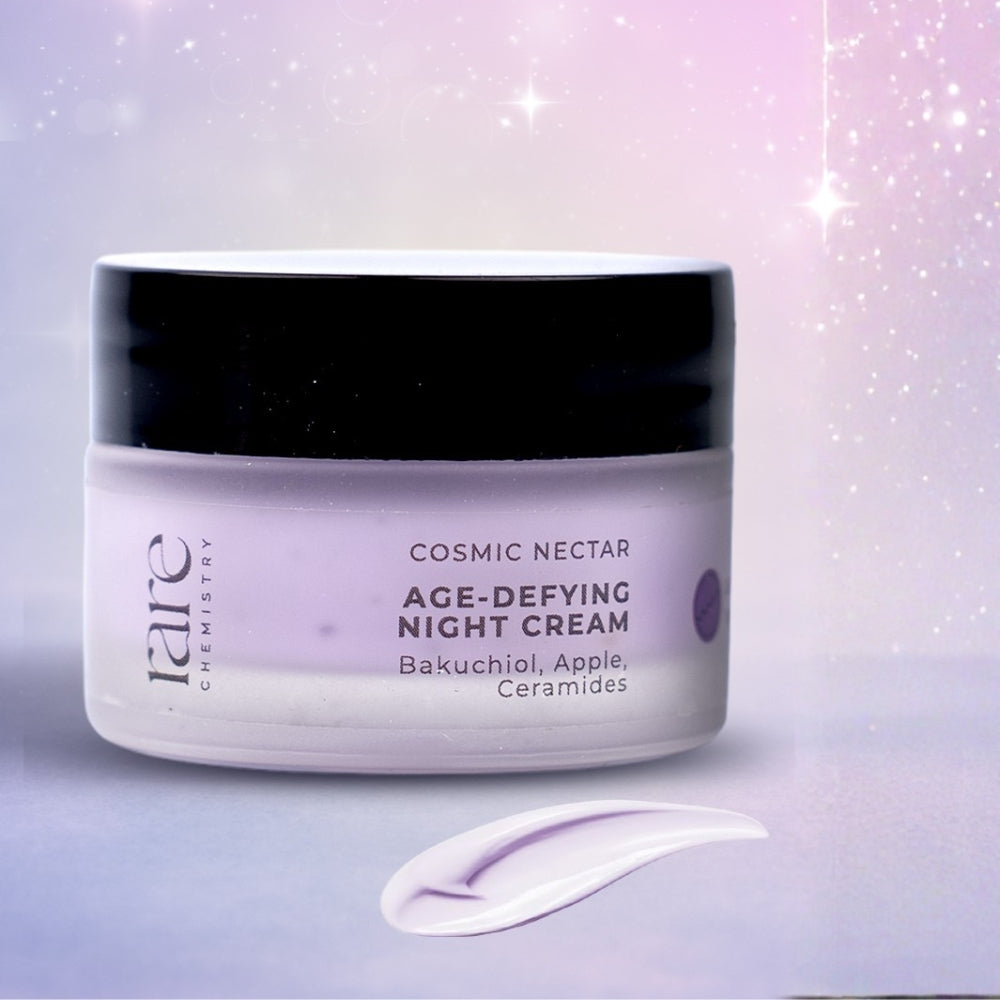 Cosmetic jar of 'Cosmic Nectar Age-Defying Night Cream' with a purple background