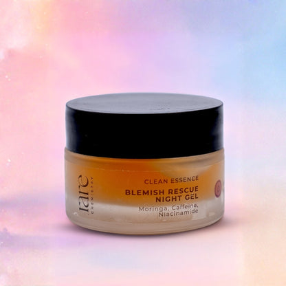 Jar of 'Clean Essence Blemish Rescue Night Gel' on a gradient background