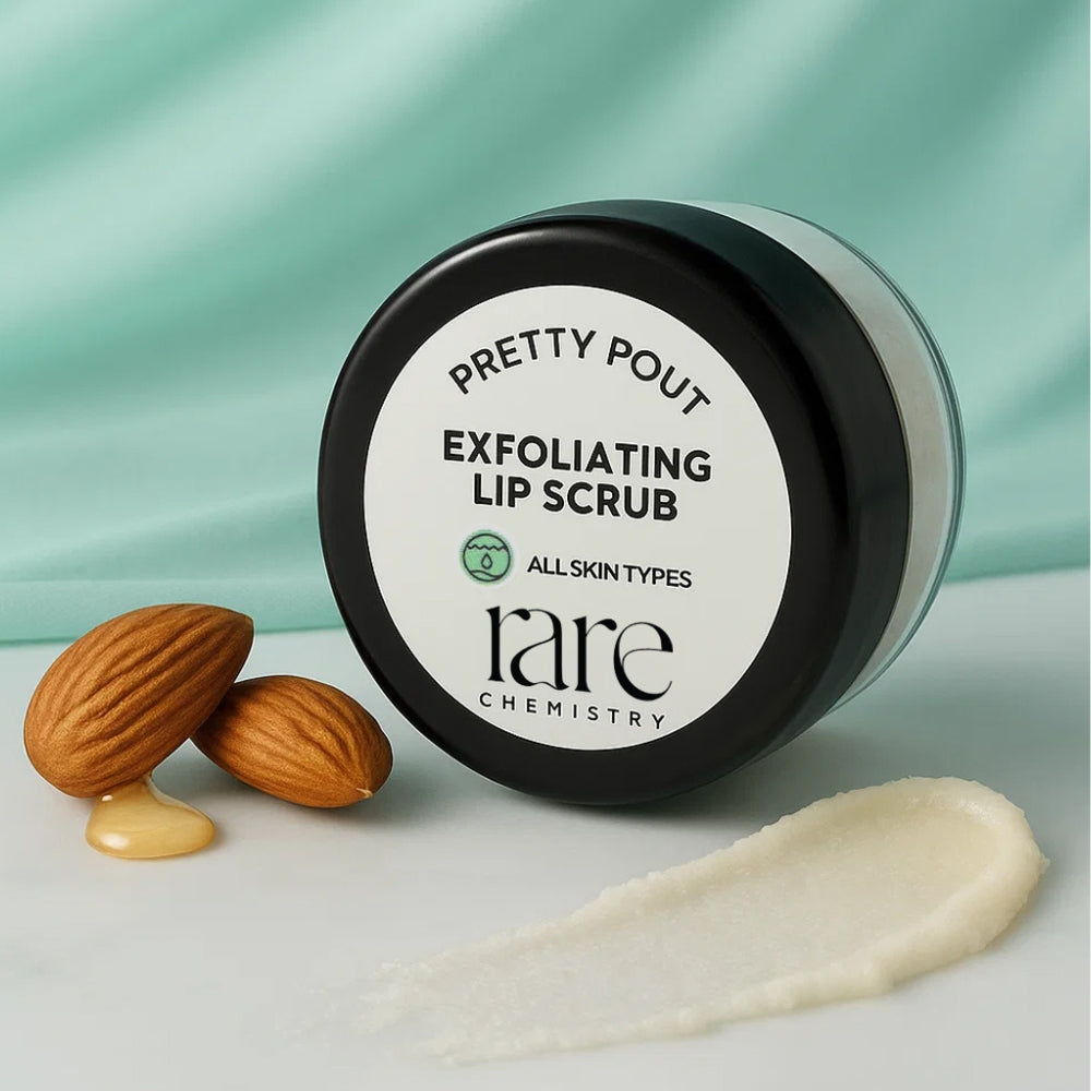 Exfoliating lip scrub container with almonds on a light background