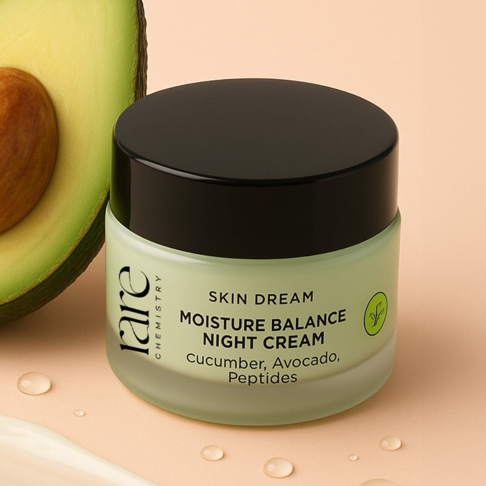 Jar of 'Skin Dream Moisture Balance Night Cream' with avocado on a beige background