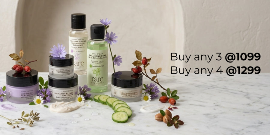 Cosmetic products with flowers and vegetables on a white surface, promotional text overlay.