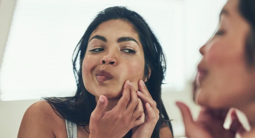 skincare - women looking her skin in mirror